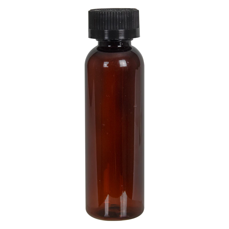 4 oz. Light Amber PET Cosmo Round Bottle with 24/400 Black Ribbed Child-Resistant Cap (CRC) with F217 Liner