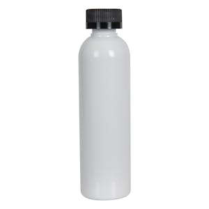 4 oz. White PET Cosmo Round Bottle with 20/400 Black Ribbed CRC Cap with F217 Liner