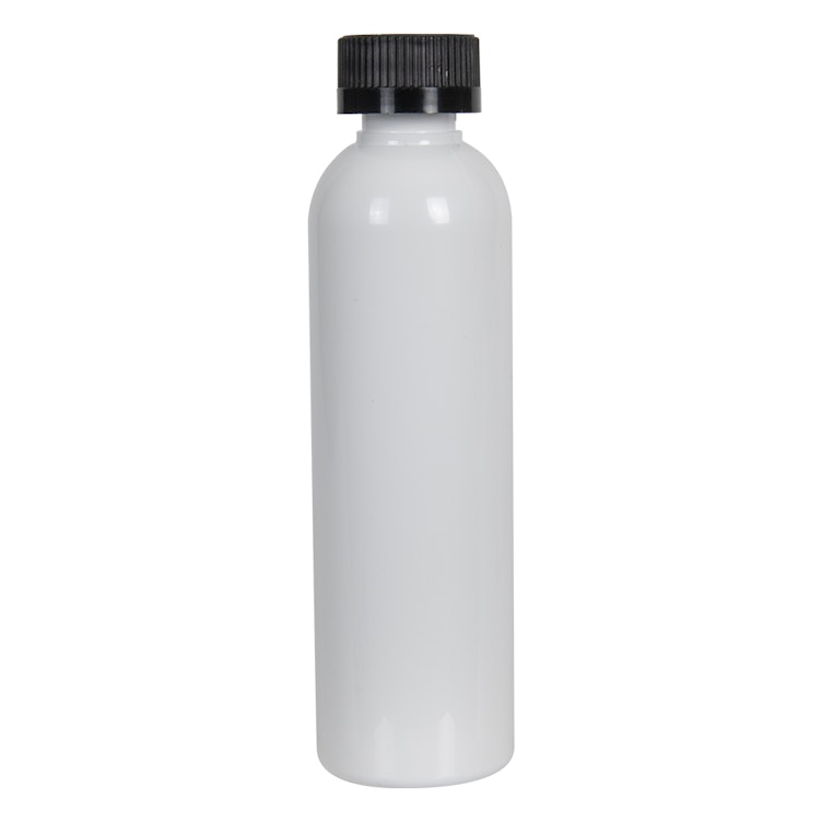 4 oz. White PET Cosmo Round Bottle with 20/400 Black Ribbed CRC Cap with F217 Liner