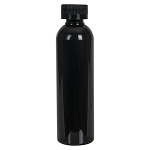 4 oz. Black PET Cosmo Round Bottle with 20/400 Black Ribbed CRC Cap with F217 Liner