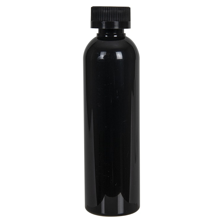 4 oz. Black PET Cosmo Round Bottle with 20/400 Black Ribbed CRC Cap with F217 Liner