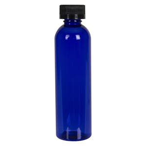 4 oz. Cobalt Blue PET Cosmo Round Bottle with 20/400 Black Ribbed CRC Cap with F217 Liner