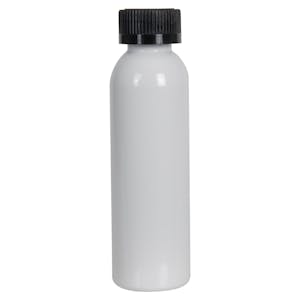 4 oz. White PET Cosmo Round Bottle with 24/400 Black Ribbed CRC Cap with F217 Liner