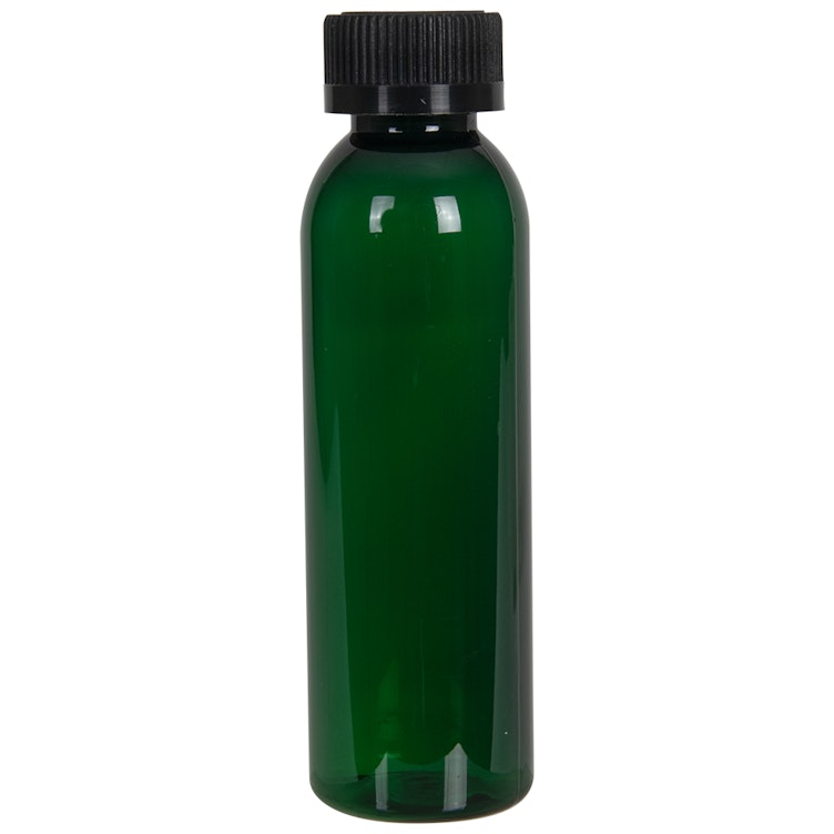 4 oz. Dark Green PET Cosmo Round Bottle with 24/400 Black Ribbed CRC Cap with F217 Liner