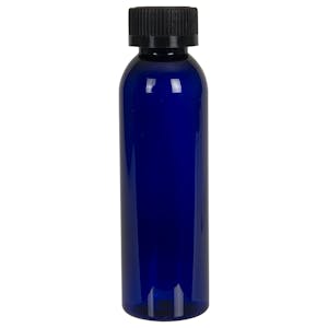 4 oz. Cobalt Blue PET Cosmo Round Bottle with 24/400 Black Ribbed CRC Cap with F217 Liner