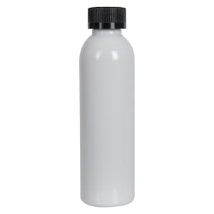 6 oz. White PET Cosmo Round Bottle with 24/400 Black Ribbed CRC Cap with F217 Liner