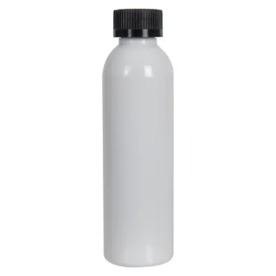 6 oz. White PET Cosmo Round Bottle with 24/400 Black Ribbed CRC Cap with F217 Liner