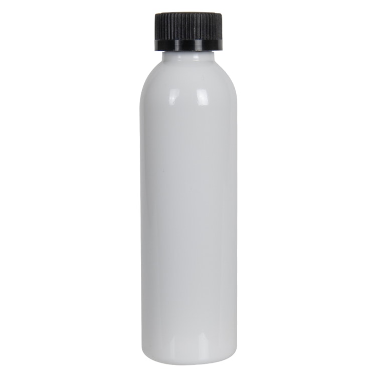 6 oz. White PET Cosmo Round Bottle with 24/400 Black Ribbed CRC Cap with F217 Liner