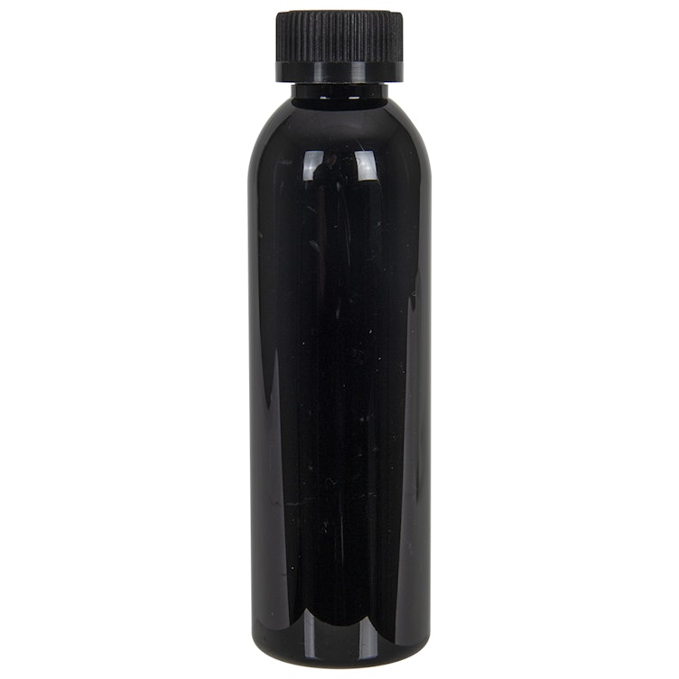 6 oz. Black PET Cosmo Round Bottle with 24/400 Black Ribbed CRC Cap with F217 Liner