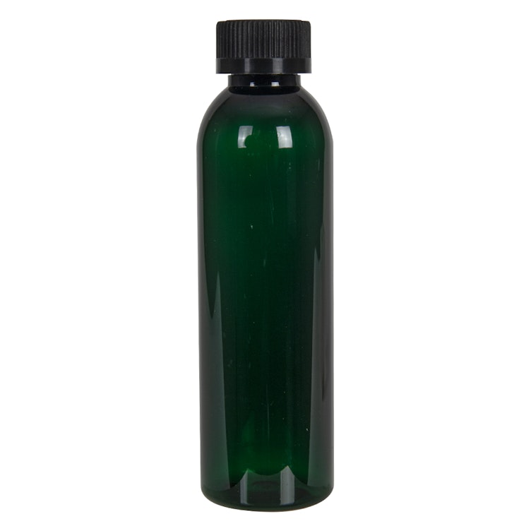 6 oz. Dark Green PET Cosmo Round Bottle with 24/400 Black Ribbed CRC Cap with F217 Liner