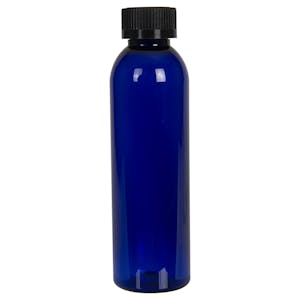 6 oz. Cobalt Blue PET Cosmo Round Bottle with 24/400 Black Ribbed CRC Cap with F217 Liner