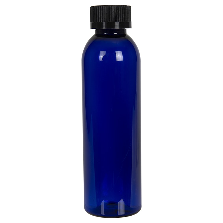 6 oz. Cobalt Blue PET Cosmo Round Bottle with 24/400 Black Ribbed CRC Cap with F217 Liner