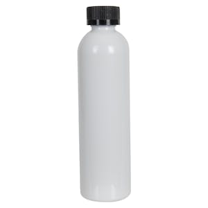 8 oz. White PET Cosmo Round Bottle with 24/400 Black Ribbed CRC Cap with F217 Liner