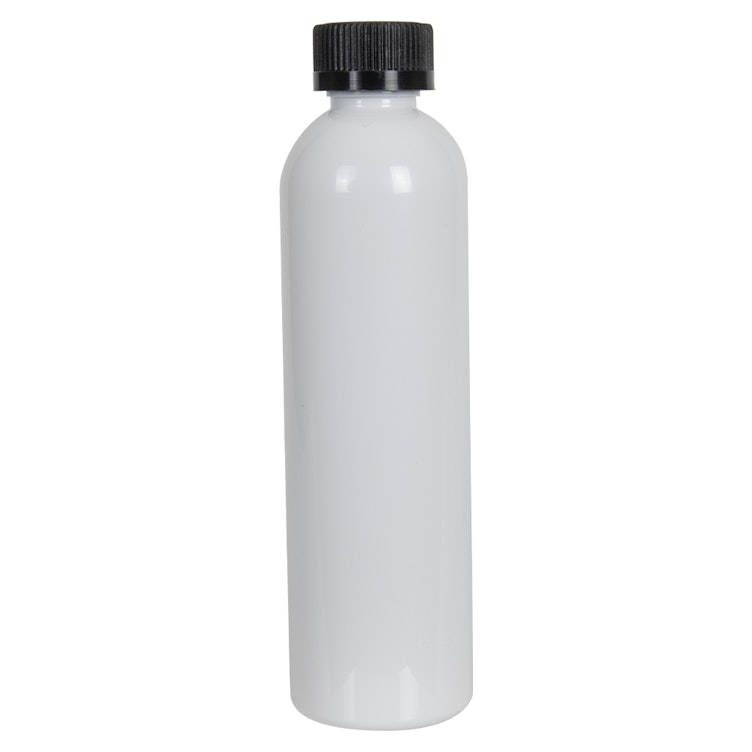 8 oz. White PET Cosmo Round Bottle with 24/400 Black Ribbed CRC Cap with F217 Liner