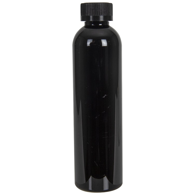 8 oz. Black PET Cosmo Round Bottle with 24/400 Black Ribbed CRC Cap with F217 Liner
