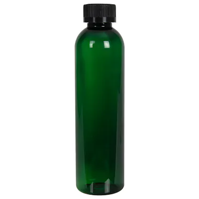 8 oz. Dark Green PET Cosmo Round Bottle with 24/400 Black Ribbed CRC Cap with F217 Liner