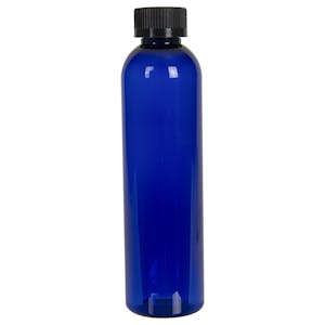 8 oz. Cobalt Blue PET Cosmo Round Bottle with 24/400 Black Ribbed CRC Cap with F217 Liner