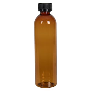 8 oz. Clarified Amber PET Cosmo Round Bottle with 24/400 Black Ribbed CRC Cap with F217 Liner
