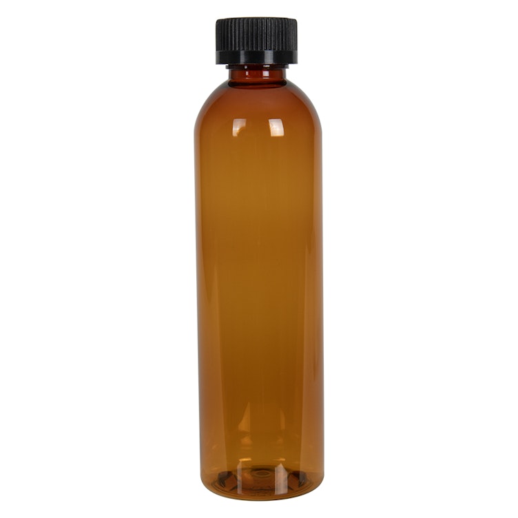 8 oz. Clarified Amber PET Cosmo Round Bottle with 24/400 Black Ribbed CRC Cap with F217 Liner
