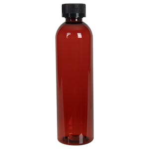 8 oz. Red Amber PET Cosmo Round Bottle with 24/400 Black Ribbed CRC Cap with F217 Liner