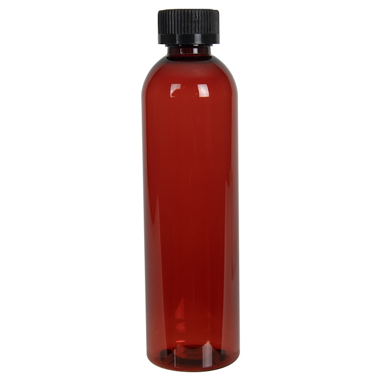 8 oz. Red Amber PET Cosmo Round Bottle with 24/400 Black Ribbed CRC Cap with F217 Liner
