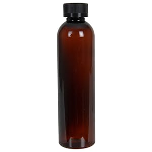 8 oz. Light Amber PET Cosmo Round Bottle with 24/400 Black Ribbed CRC Cap with F217 Liner
