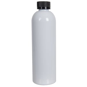 12 oz. White PET Cosmo Round Bottle with 24/400 Black Ribbed CRC Cap with F217 Liner