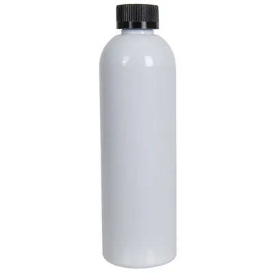 12 oz. White PET Cosmo Round Bottle with 24/400 Black Ribbed CRC Cap with F217 Liner