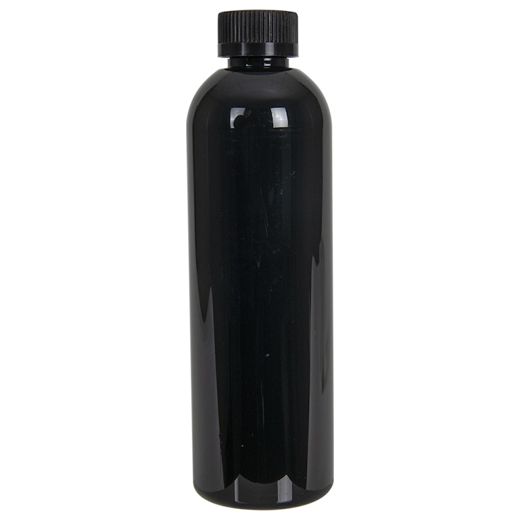 12 oz. Black PET Cosmo Round Bottle with 24/400 Black Ribbed CRC Cap with F217 Liner