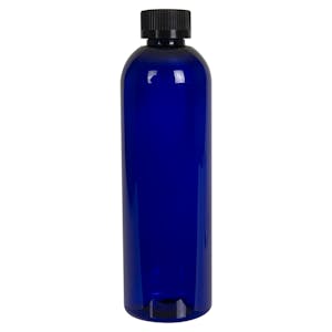 12 oz. Cobalt Blue PET Cosmo Round Bottle with 24/400 Black Ribbed CRC Cap with F217 Liner