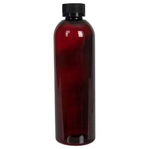 12 oz. Light Amber PET Cosmo Round Bottle with 24/400 Black Ribbed CRC Cap with F217 Liner