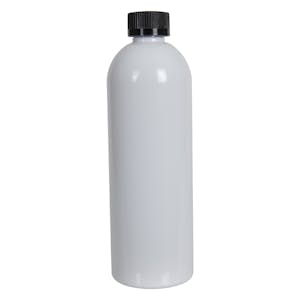 16 oz. White PET Cosmo Round Bottle with 24/400 Black Ribbed CRC Cap with F217 Liner
