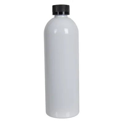16 oz. White PET Cosmo Round Bottle with 24/400 Black Ribbed CRC Cap with F217 Liner