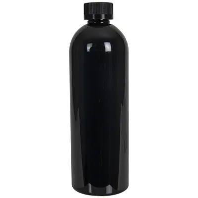 16 oz. Black PET Cosmo Round Bottle with 24/400 Black Ribbed CRC Cap with F217 Liner