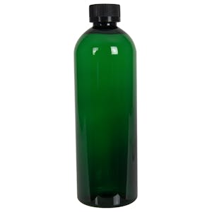 12 oz. Dark Green PET Cosmo Round Bottle with 24/400 Black Ribbed CRC Cap with F217 Liner
