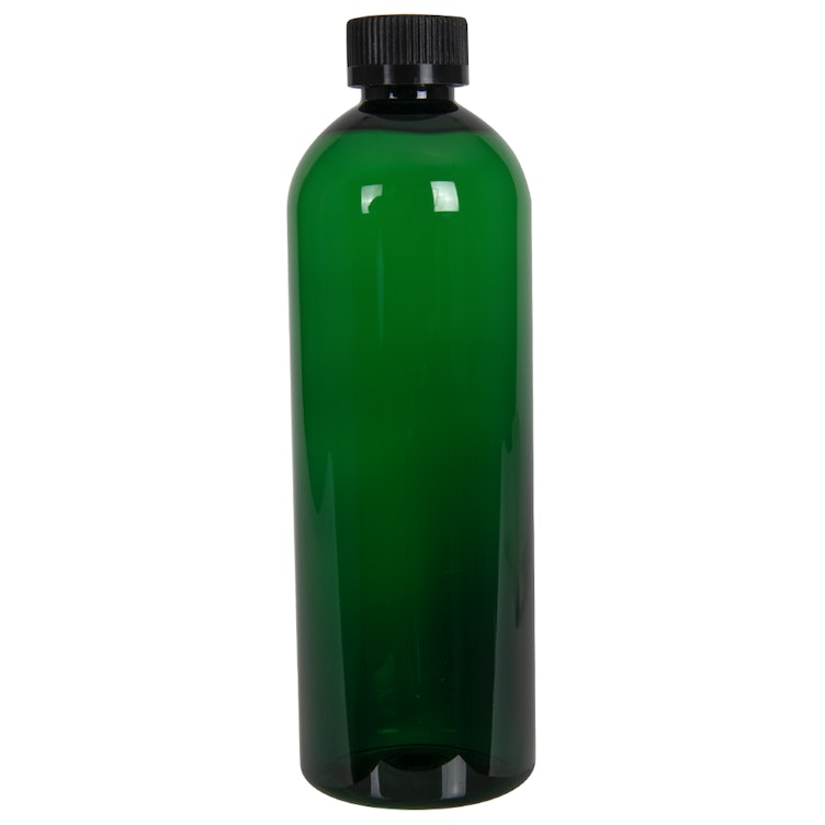 16 oz. Dark Green PET Cosmo Round Bottle with 24/400 Black Ribbed CRC Cap with F217 Liner