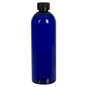 16 oz. Cobalt Blue PET Cosmo Round Bottle with 24/400 Black Ribbed CRC Cap with F217 Liner