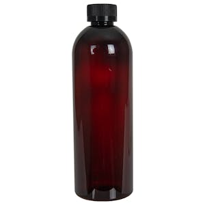 16 oz. Light Amber PET Cosmo Round Bottle with 24/400 Black Ribbed CRC Cap with F217 Liner