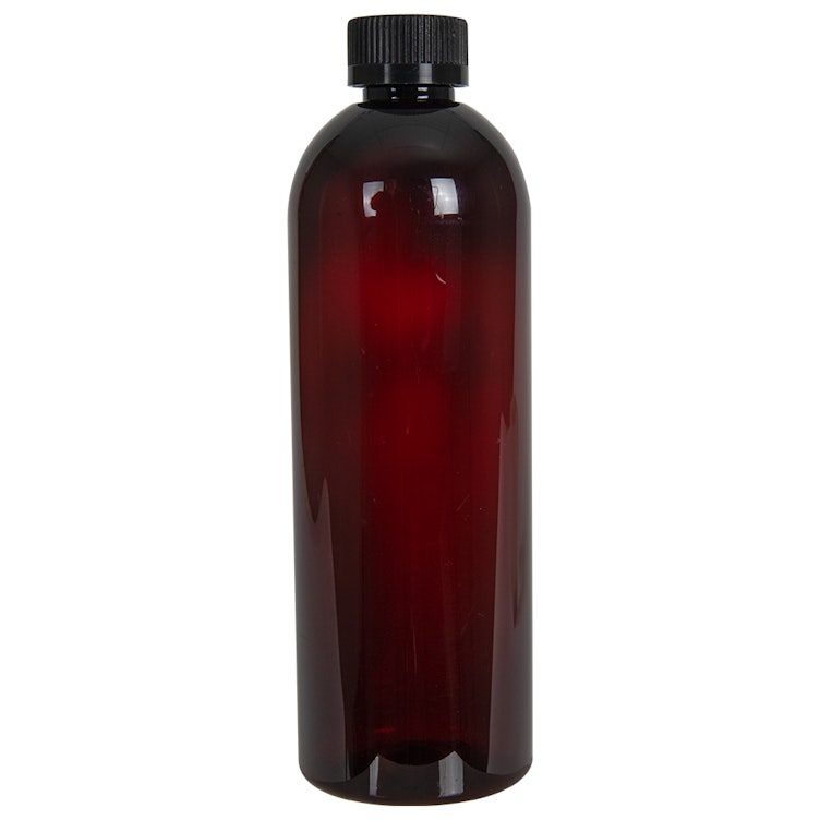 16 oz. Light Amber PET Cosmo Round Bottle with 24/400 Black Ribbed CRC Cap with F217 Liner