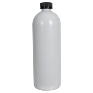 32 oz. White PET Cosmo Round Bottle with 28/400 Black Ribbed CRC Cap with F217 Liner