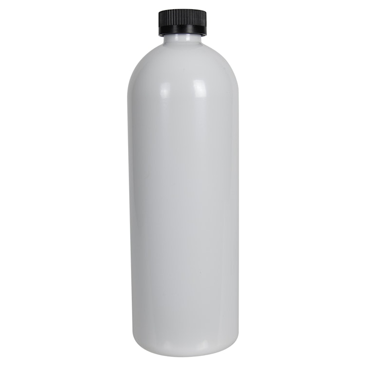32 oz. White PET Cosmo Round Bottle with 28/400 Black Ribbed CRC Cap with F217 Liner