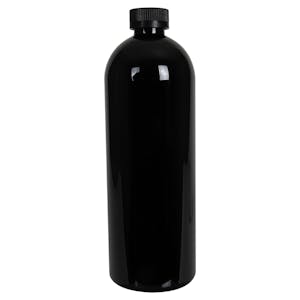32 oz. Black PET Cosmo Round Bottle with 28/400 Black Ribbed CRC Cap with F217 Liner