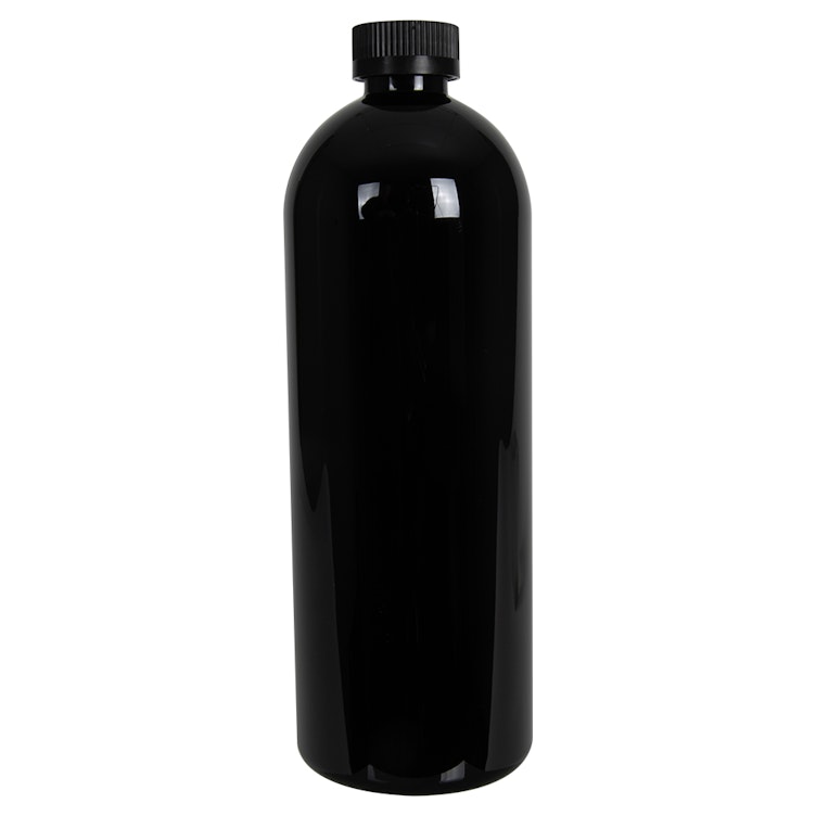 32 oz. Black PET Cosmo Round Bottle with 28/400 Black Ribbed CRC Cap with F217 Liner