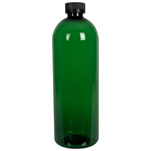 32 oz. Dark Green PET Cosmo Round Bottle with 28/400 Black Ribbed CRC Cap with F217 Liner