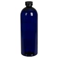 32 oz. Cobalt Blue PET Cosmo Round Bottle with 28/400 Black Ribbed CRC Cap with F217 Liner
