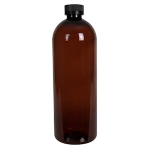 32 oz. Light Amber PET Cosmo Round Bottle with 28/400 Black Ribbed CRC Cap with F217 Liner