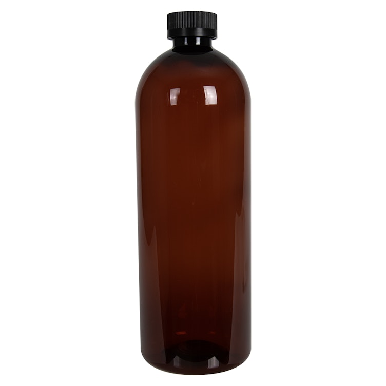 32 oz. Light Amber PET Cosmo Round Bottle with 28/400 Black Ribbed CRC Cap with F217 Liner