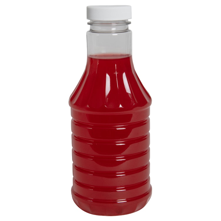 16 oz. Clear PET Hot-Fill Decanter Bottle with 38/400 White Ribbed Cap with Foil Induction Seal