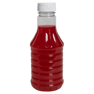 16 oz. Clear PET Hot-Fill Decanter Bottle with 38/400 White Ribbed Snap-Top Dispensing Cap