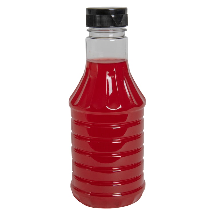 16 oz. Clear PET Hot-Fill Decanter Bottle with 38/400 Black Ribbed Snap-Top Dispensing Cap